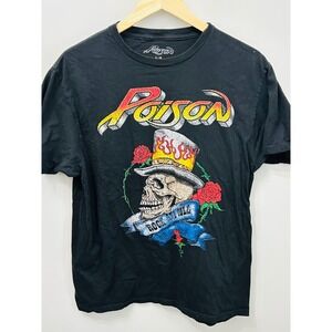 Poison Rock Band Graphic T-Shirt Skull Top Hat Roses Black Short Sleeve Men's L